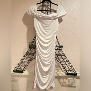 White long off the shoulder ruched dress